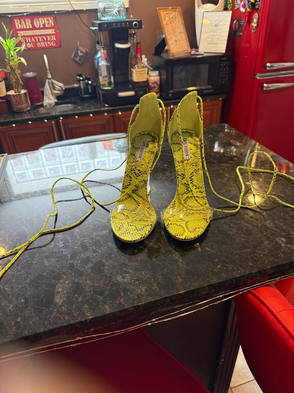 Cape Robbin Yellow Snake-Print Lace-Up Stiletto Heels